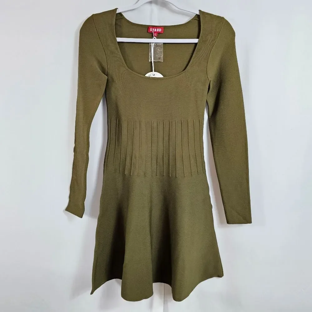 staud fit and flare dress Staud Wells Striped Sleeveless Fit & Flare Dress - Ivory Dark Oak Micro Stripe